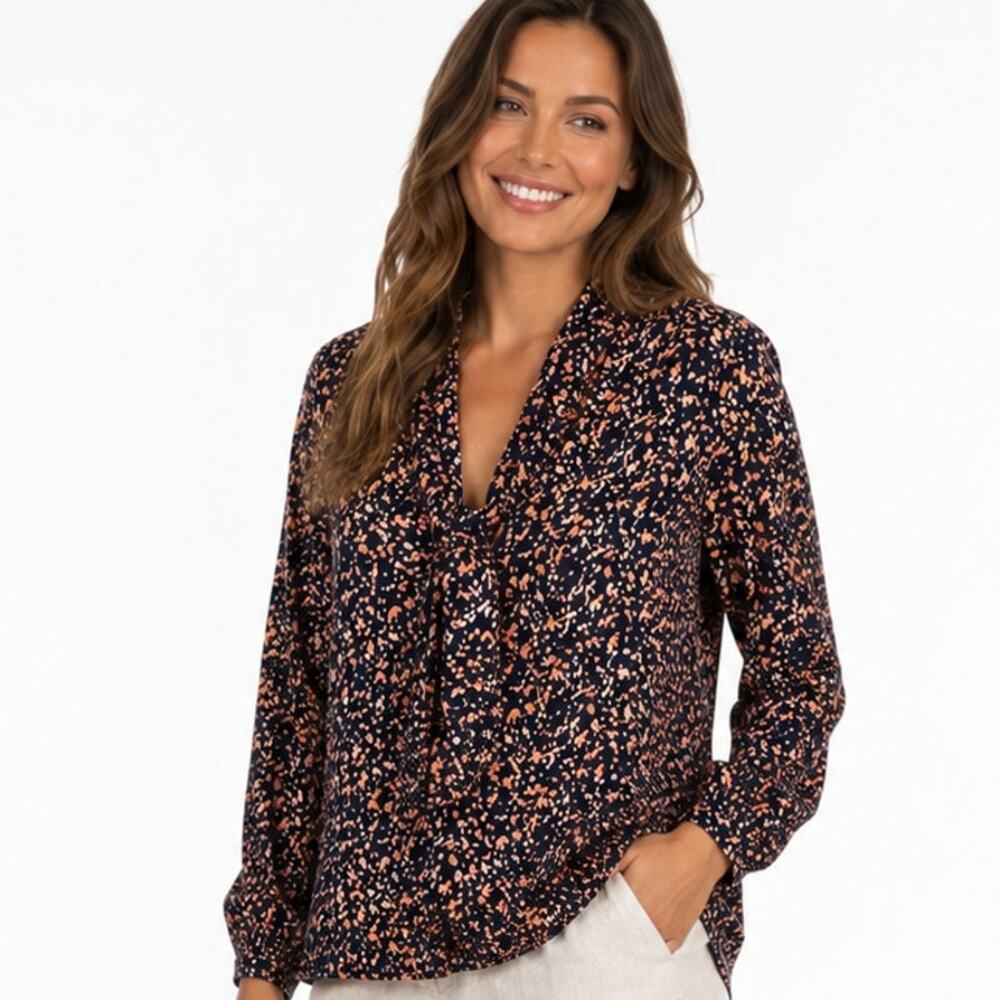 MIRTH Abstract Tie Neck Top Womens Medium Navy Peach Oversized Blouse